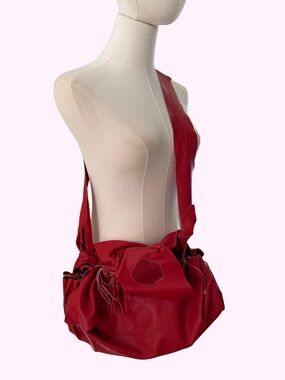 NWOT Artisan Red Raw Leather Fringe Bow Crossbody Cinch Bag